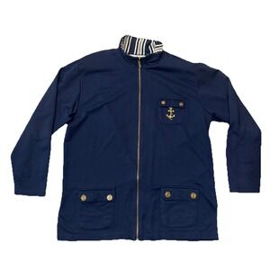 Needle & Threads Women's Navy Blue Jacket Sz Large Embroidered Anchor Nautical